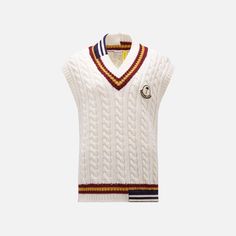 Carded wool fabric  Ribbed knit neckline and hem  V-neck line  Terrycloth co-branded logo on chest     Style: mc9i00001m1241-034  Color: Natural  Material: 100% Wool Moncler X Palm Angels, Summer Monogram, Heavy Knit, Wool Beanie, Down Jackets, Socks And Sandals, Palm Angels, Wool Fabric, Terry Cloth