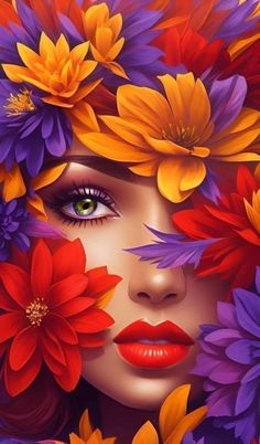 a woman's face surrounded by colorful flowers and leaves, with her eyes closed