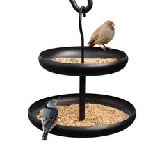 two tiered bird feeders with birds on them, one perched on the top