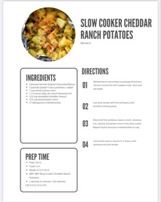 the recipe for slow cooker cheddar ranch potatoes is shown in black and white