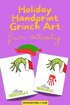 two christmas cards with the words holiday handprint grin art fun activity