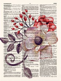 an open book with flowers and leaves on the page, in red and purple colors