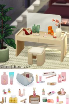 an image of a dollhouse dressing table with cosmetics and accessories on it's side