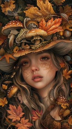 a painting of a woman wearing a hat with leaves and mushrooms on her head,