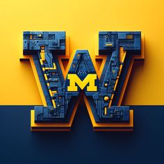 the letter w is made up of electronic parts and letters that are yellow and blue