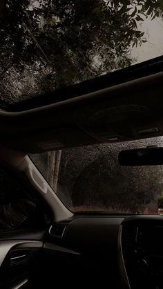 the interior of a car with trees in the background