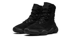 The adidas Yeezy 500 High Tactical Boot “Triple Black” is an all-black-everything colorway of the bold, military-inspired boot.  A rugged alternative to the original adidas Yeezy 500 silhouette, the Yeezy 500 High Tactical Boot features a slimmer build compared to its predecessor, along with other modifications.  The shoe has an all-black suede appearance with a padded neoprene ankle collar.  A tag on the collar reveals that the laces can be used as a fire starter.  Underfoot, the Yeezy 500 High Black Tactical Boots For Streetwear, Black Tactical Combat Boots Slip-resistant, Yeezy Nsltd Boot, Triple Black Shoes, Air Jordan 4 Bred, Yeezy 500 Utility Black, Original Adidas, Jordan 4 Bred, Military Tactical Boots