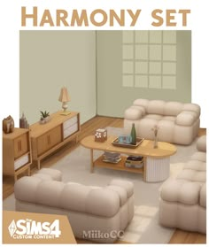 this is an image of a living room with furniture in the corner and text that reads, harmony set