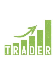 the word trader with an arrow going up and down in green letters on a white background