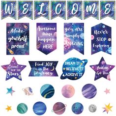 the space themed banner set includes planets, stars and words