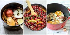 there are three pictures of different foods in the pans and one has apples, oranges, cranberries, apple cider