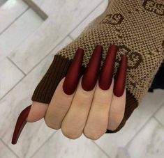 Matte Wine Red Nails, Matte Red Christmas Nails, Coloured Nails, 90s Nails, Long Red Nails, Wine Red Nails, Nail Collection, Fall Acrylic Nails, Classic Nails