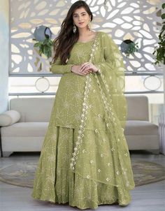 🌿 Embrace the allure of nature with this Iguana Green Palazzo Style Suit! 🌿 Unleash your inner fashionista with this captivating Palazzo Style Suit from Arabic Attire. 🦎 Crafted with faux georgette fabric, it combines comfort and luxury effortlessly. #PalazzoPerfection #NatureInspired #ExoticElegance #ArabicAttire #FashionForward #EffortlessStyle #TrendyAndChic #OotdInspiration #StatementPiece #GreenEnvy Kameez Lehenga, Designer Ready To Wear, Butterfly Net, Modest Evening Dress, Palazzo Style, Lehenga Suit, Lace A Line Dress, Georgette Tops, Lehenga Online