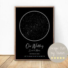 a black and white poster with the words our wedding written on it next to a wooden frame