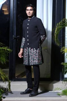 Black sherwani with floral thread, sequin, cutdana and applique embroidery. Paired with a pant. - Aza Fashions Designer Floral Embroidered Kurta For Diwali, Reception Sherwani With Floral Embroidery, Bollywood Style Semi-stitched Sherwani With Floral Embroidery, Traditional Sherwani With Floral Embroidery For Festivals, Designer Sherwani With Floral Embroidery, Festive Semi-stitched Sherwani With Floral Embroidery, Floral Embroidered Sherwani For Reception During Eid, Bollywood Straight Kurta Sherwani With Floral Embroidery, Designer Traditional Wear With Floral Embroidery For Ceremonial Events