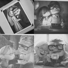 two pictures of cartoon characters, one with glasses and the other with an image of a couple kissing