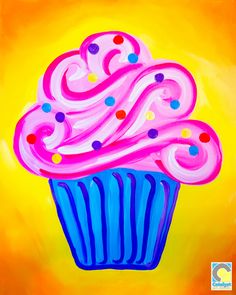 an acrylic painting of a cupcake with pink frosting and sprinkles