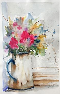 a watercolor painting of flowers in a pitcher