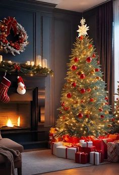 a decorated christmas tree in front of a fireplace