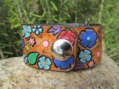 Womens Leather Bracelet Cuff - Custom - Hand Painted - Wide - Colorful flowers with hidden butterfly Multicolor Leather Bracelet Gift, Multicolor Leather Bracelets As A Gift, Multicolor Leather Bracelets, Hand Tooled Leather Bracelet For Gift, Adjustable Hand Painted Leather Bracelet Gift, Adjustable Hand Painted Leather Bracelet, Leather Bracelet Women, Leather Bracelet For Women, Leather Bracelets Women