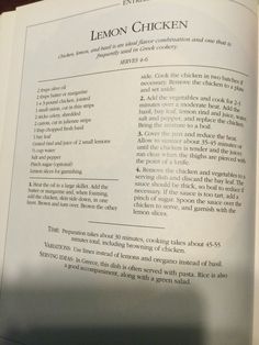 an open book with instructions on how to cook lemon chicken in it's pages