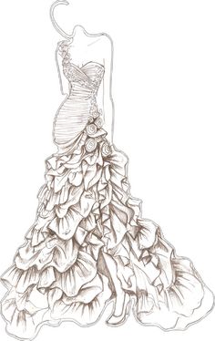 a drawing of a woman in a dress with ruffles on the bottom and back