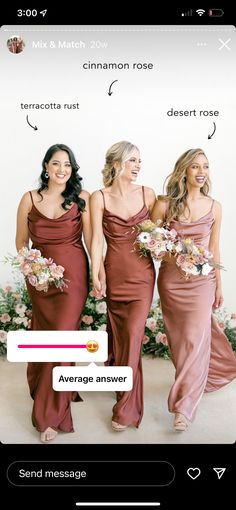 three bridesmaids in red dresses standing next to each other