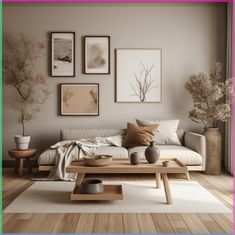 a living room filled with lots of furniture and pictures on the wall above it's coffee table