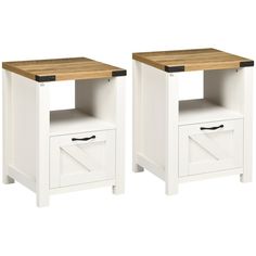 two white nightstands with wooden top and one drawer on the bottom, both side by side