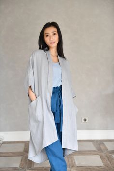 Oversized Linen Coat Linen Duster Linen Kimono Jacket Linen - Etsy Linen Cardigan Outfit, Gray Open Front Outerwear With Pockets, Spring Outerwear With Kimono Sleeves And Pockets, Linen Outerwear With Pockets For Daywear, Long Spring Kimono With Pockets, Spring Long Kimono With Pockets, Spring Linen Outerwear With Side Pockets, Relaxed Fit Long Linen Outerwear, Spring Linen Outerwear With Kimono Sleeves