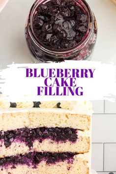 blueberry cake filling on top of a piece of cake