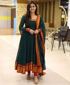 simple traditional wear for women Long Chudidar Designs, Saree Stitched Dress Ideas, Long Dresses Indian Style Anarkali Suits, Cotton Dress Stitching Ideas, Narayanpet Kurti Designs, Narayanapeta Long Frock Designs, Pattu Kurta Designs For Women, Anarkali Dress With Saree, Narayanpet Dresses Models