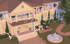 an artist's rendering of a large house with a fountain in the front yard