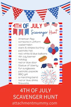 the 4th of july scavenger hunt is on display in front of an american flag banner