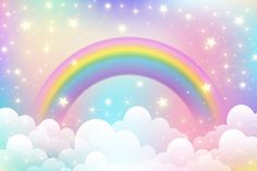 a rainbow in the sky with stars and clouds