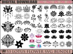 the lotus flower svg bundle is shown in black and white, with different designs