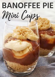 two desserts in glass cups with bananas and whipped cream on top, text overlay reads banoffee mini cups