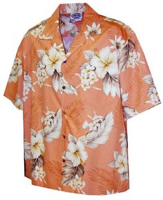 an orange hawaiian shirt with white flowers on it