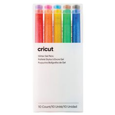 the cricut colored gel pens are lined up in a row on a white background