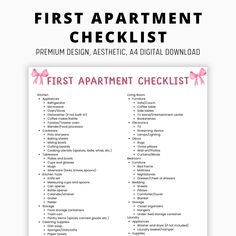 the first apartment checklist is shown with pink bows on it and text that reads,