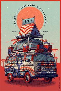 a van with an american flag on top and the words california valley music & art festival