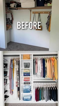 the before and after photos of an organized closet with clothes hanging on racks, drawers, and shelves