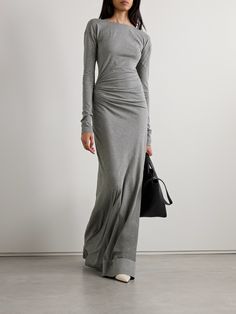 Victoria Beckham's Spring '24 collection is inspired by the designer's love for dance. Taking cues from garments worn during rehearsals, this maxi dress is made from soft cotton-jersey that molds to your shape. It features delicate ruching along the side and falls to a floor-sweeping hem. Luxury Sheath Maxi Dress Dressy, Jersey Knit Maxi Dress Pattern, Silver Or Grey Dress, Luxury Sheath Maxi Dress For Work, Luxury Sheath Maxi Dress For Spring, Gray Evening Dresses, Gray Maxi Dresses, Africa Trip, Victoria Beckham Outfits