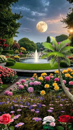 a garden filled with lots of flowers next to a fountain