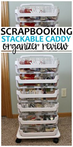 a stackable caddy with the words scrapbooking stacked in front of it