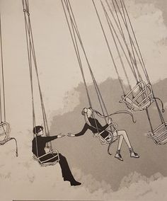 two people on swings being pulled by a man who is holding onto the ropes that are attached to them