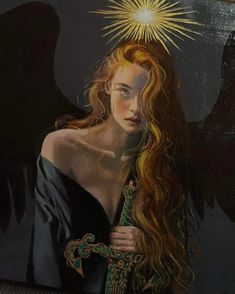 a painting of a woman with long red hair and an angel halo above her head