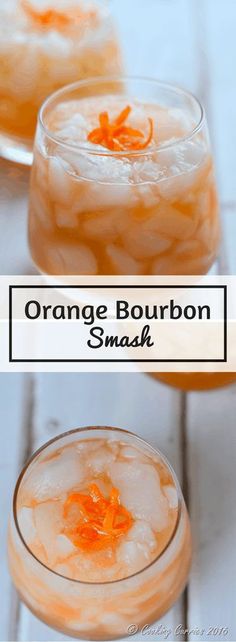 orange bourbon smash cocktail in glasses with text overlay