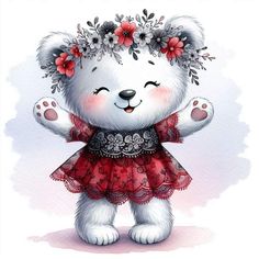 a white teddy bear wearing a red dress with flowers on its head and hands in the air