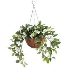 a hanging planter with white flowers and green leaves